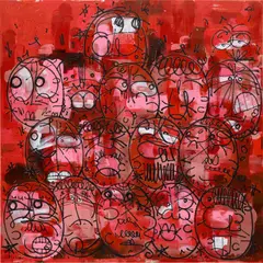 Timothy Curtis, Untitled (Red Faces), 2019, oil, acrylic and wax crayon on canvas