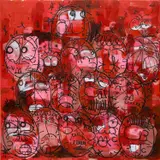 Timothy Curtis, Untitled (Red Faces), 2019, oil, acrylic and wax crayon on canvas