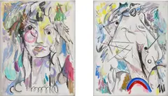 Untitled by Laura Owens, 2011, oil, Flashe and charcoal on canvas, diptych, sold Sep 2023