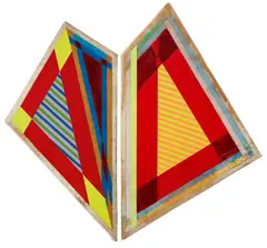 Turn it up by Jeffrey Gibson (Choctaw & Cherokee), 2012, acrylic, spray paint, colored pencil and graphite on goat skin, mounted to panel, in 2 parts, sold Sep 2023