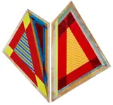 Turn it up by Jeffrey Gibson (Choctaw & Cherokee), 2012, acrylic, spray paint, colored pencil and graphite on goat skin, mounted to panel, in 2 parts, sold Sep 2023