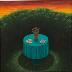 Scott Kahn, Still Life with Oranges, Geranium, Book, 1986, oil on canvas