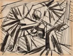 Three Dancers by David Bomberg, 1919, pen and ink wash on paper, sold Sep 2023