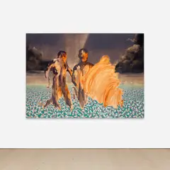 Nearing by Nengi Omuku, 2019, oil on aso oke, sold Sep 2023