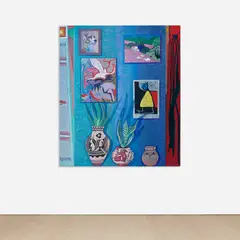 Interior with Thrift store Dog Portrait (Native American Pottery and Rug, Miro Poster, Collab Painting with Jonas & Mary Fedden Painting) by Jj Manford, 2020–2021, oilstick and Flashe on burlap over canvas, sold Sep 2023