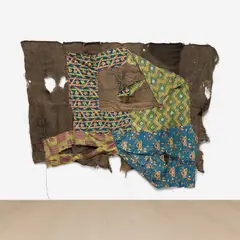 Ibrahim Mahama, H GOY, 2016, stitched wax print cloth and charcoal jute sacks