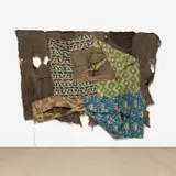 Ibrahim Mahama, H GOY, 2016, stitched wax print cloth and charcoal jute sacks