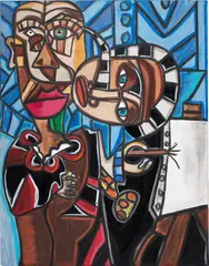 Andres Valencia, Picasso thinking and Painting of a Woman–Jaqueline, 2023, acrylic and oil pastel on canvas
