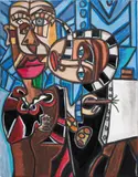 Andres Valencia, Picasso thinking and Painting of a Woman–Jaqueline, 2023, acrylic and oil pastel on canvas