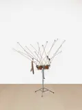 Orlando Francisco, Topógrafos, 2003, shot glasses, bongos, drum hardware, steel rods, Colombian pod, leather rattle and cowbell