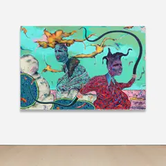 Simphiwe Ndzube, The Coming of the Second People, 2018, acrylic, spray paint and collage on canvas, in 2 parts