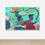 Simphiwe Ndzube, The Coming of the Second People, 2018, acrylic, spray paint and collage on canvas, in 2 parts