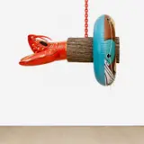Jeff Koons, Lobster Log, 2003-2012, polychromed aluminum, wood, stainless steel and coated steel chain