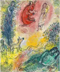 Marc Chagall, Bouc rouge lisant au-dessus des amoureux au repos, 1971, oil and gouache on canvas