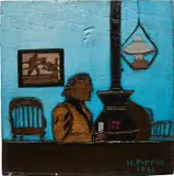Horace Pippin, Man Seated Near Stove, 1941, oil on burnt-wood panel