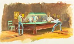Pool Hall Scene by Ernie Barnes, 1994, acrylic on paper, sold Nov 2023