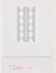 Carl Andre, arc bin bur cam, 1965, typewriter ink on paper