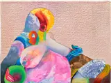 Ilana Savdie, Deliberate Rotation of The Nips (y un Manguito), 2021, oil, acrylic and beeswax on canvas over board