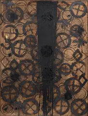 Rashid Johnson, The Barefoot Prophet, 2013, branded red oak flooring, black soap, wax and spray enamel, in 3 parts