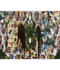 Rashid Johnson, Untitled Escape Collage, 2018, ceramic tile, mirror tile, vinyl, animal skin, branded red oak flooring, spray enamel, oil stick, black soap and wax