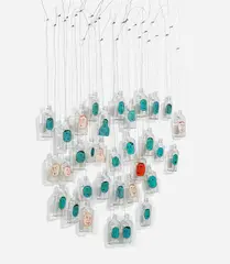 Barry McGee, Untitled, 2005, painted glass bottles and wire, in 33 parts