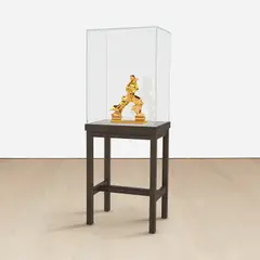 Barry X Ball, Perfect Forms, 2010–2016, mirror-polished 24K gold on nickel on copper on SLA rapid prototype model and solid brass with stainless steel armature, fittings and resin filling in the artist's walnut, ColorCore, aluminum and low-iron glass table pedestal and vitrine