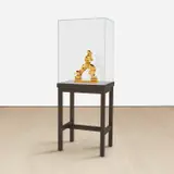 Barry X Ball, Perfect Forms, 2010–2016, mirror-polished 24K gold on nickel on copper on SLA rapid prototype model and solid brass with stainless steel armature, fittings and resin filling in the artist's walnut, ColorCore, aluminum and low-iron glass table pedestal and vitrine