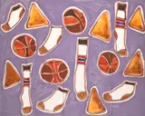 Katherine Bernhardt, Doritos + Socks + Basketballs, 2014, acrylic and spray paint on canvas