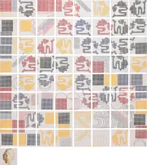 Jennifer Bartlett, Alphabet Eight, 1993, Testor’s enamel, baked enamel and silkscreen on steel plate, in 65 parts