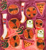 Katherine Bernhardt, Socks + Basketballs + Pizza + Plantains + Toilet Paper, 2015, acrylic and spray paint on canvas