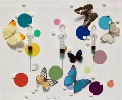 Happiness by Damien Hirst, 2008, syringes, needles, butterflies, paracetamol pills, synthetic resin, and household gloss on canvas, offered Jul 2023