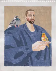 Julian Pace, Self Portrait with Birds, 2020, gouache and colored pencil on paper