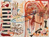 Jonathan Meese, Inspektor Spornbleuns Granulat, 2007, oil, acrylic, resin, cloth and paper collage on canvas, in 2 parts