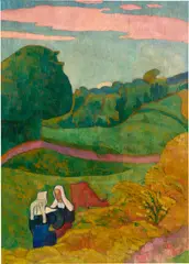 Émile Bernard, Paysage de Bretagne (Paysage avec deux Bretonnes et vache), 1892, oil on paperboard mounted on panel