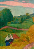 Émile Bernard, Paysage de Bretagne (Paysage avec deux Bretonnes et vache), 1892, oil on paperboard mounted on panel