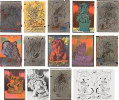 Dieter Roth, 2 times 5 DOGS (D. 361), 1978-1979, The complete set of 13 offset lithographs in colors, one tipped to the cover (as issued) and one unique 'speedy drawing' in graphite, folded (as issued), on wove and laid paper, the full sheets, contained in the original cardboard folder
