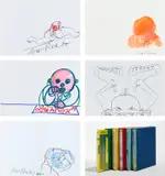 Dieter Roth, Collected Works: Volumes 17, 18, 20 and 40; and Trophies (D. pp. 193-233), 1976-1979, Five unique 'speedy drawings', three in graphite with colored marker and paint, one in graphite and one in colored markers, on wove paper folded folios (as issued), with printed titles, all with the accompanying five deluxe hardcover book editions with original dust jackets and contained in the original cloth covered slipcases in various colors