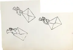 Untitled (Birds Carrying Envelopes) by Andy Warhol, 1962, Ink rubber stamp print with hand-painted additions, on a shaped sheet of Strathmore paper, sold Feb 2023