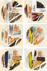 Michael Heizer, #3 Untitled; #16 Untitled; #18 Untitled; #19 Untitled; #23 Untitled; and #24 Untitled, from Monotype, Collage Series (see T. 227), 1976-1979, Six unique collages of cut and torn lithographs, screenprints and monotypes in colors, on Rives BFK paper mounted to rag board (as issued), the full sheets