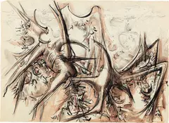 Theodore Roszak, Untitled (Explosion in a graveyard), 1955, Black ink and water color drawing, on wove paper, framed