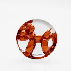 Balloon Dog (Orange) by Jeff Koons, 2015, Porcelain multiple painted in chrome, contained in the original Styrofoam-lined presentation box with silver printed sig, sold Feb 2023