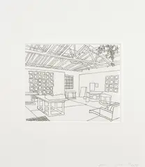 Jonas Wood, Bball Studio, 2020, The complete set of one etching, on Rives BFK paper, contained in the original grey card folio, with the hardcover artist's monograph published by Phaidon and screenprinted limited edition tote bag, all contained in the original cardboard packing box