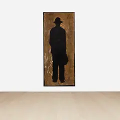 Jonathan Borofsky, Man With a Briefcase (C) (G. 1484), 1990-1991, Unique monumental woodcut in colors, on La Paloma handmade paper with collage, the full sheet, contained in the original artist's specified steel frame