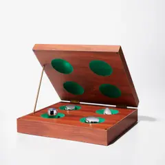 Four Approximate Objects (A. 22) by Richard Artschwager, 1970-1991, Mahogany, formica and brass box multiple with green flocking and four chrome-plated brass objects, sold Feb 2023