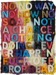 Mel Bochner, No, 2009, Monoprint with collage, engraving, embossing and oil paint in colors, on handmade and hand-dyed Twinrocker paper, the full sheet