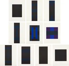 Ad Reinhardt, Ten Screenprints, 1966, The complete set of 10 screenprints in colors, on heavy wove paper, with full margins, contained in the original paper folder, with title and justification pages and each in their corresponding numbered folio, accompanied by four postcard size screenprints, all contained in a repurposed New York International portfolio