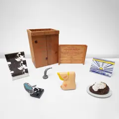 Various Artists, 7 Objects in a Box, 1966, The set of six multiples, including a chrome side-view mirror, sand cast aluminum multiple, baked enamel on steel multiple, cast resin multiple, screenprint on Plexiglas and a vacuum-formed Plexiglas multiple, all contained in the original wooden box with stenciled artist's names, titles and justification at underside of lid, lacking the George Segal