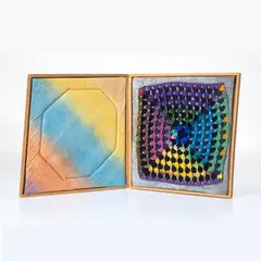 Alan Shields, Sign of the Devil (diptych), 1972, Unique crochet square with hand-painting and beads, contained in the original quilted hand-painted fabric lined cardboard box