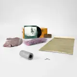 Various Artists, 7 Objects/69, 1969, The set of six multiples, including a painting on canvas with two nails, bronze sidewalk plaque, vinyl record with screenprinted jacket, reprocessed nylon net multiple, lead multiple and a plaster multiple cast in satin, all contained in the original wooden box with brass clasps, lacking the Eva Hesse