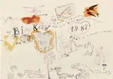 Jean Tinguely, New Years greeting for Billy Klüver, 1987, Rubber stamp, ballpoint pen and collage drawing, on wove paper